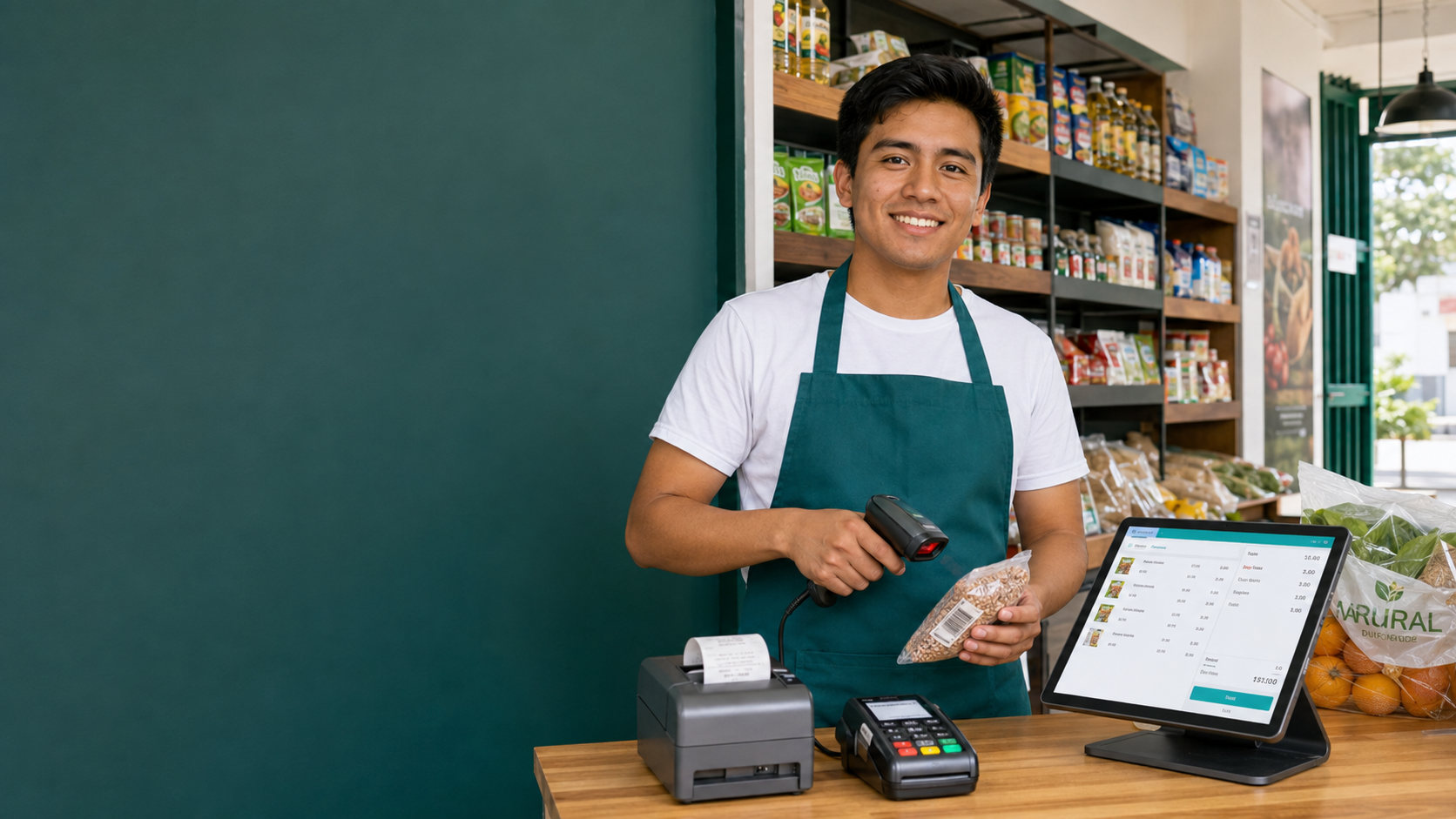 Bodeguero joven usando un lector de códigos junto a una tablet de ventas e impresora de tickets